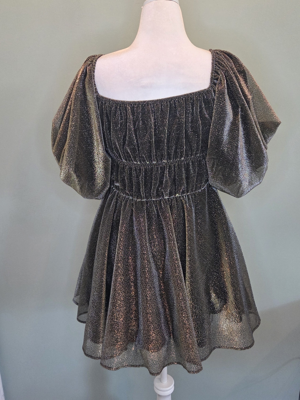 &merci Gold Metallic Puff Sleeve Square Neck Smocked Babydoll Mini Dress Size M - Picture 5 of 10